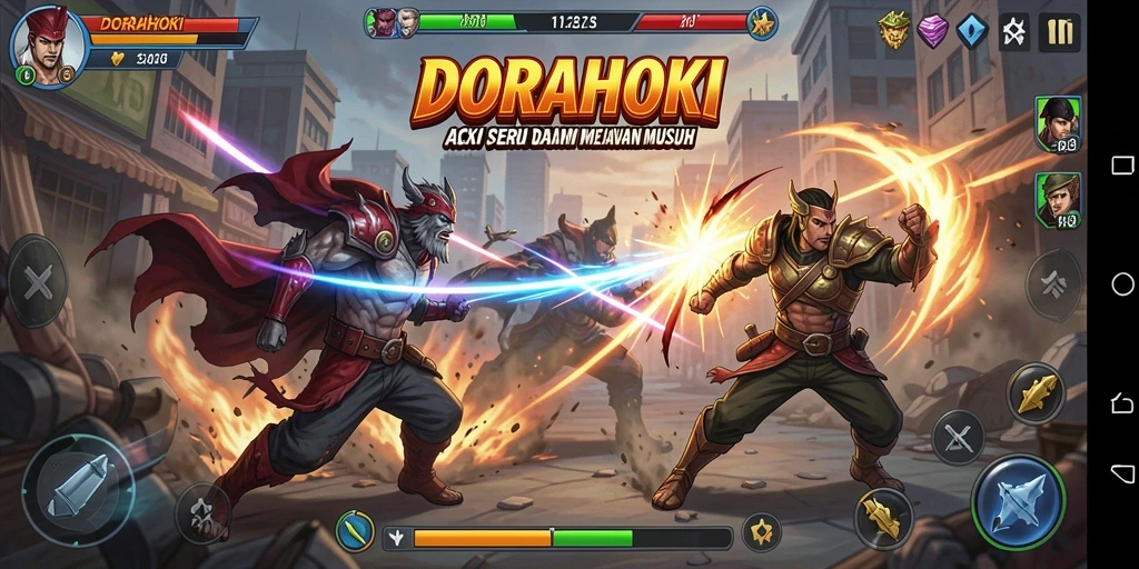 Tangkapan layar DORAHOKI yang menampilkan aksi pertarungan seru.