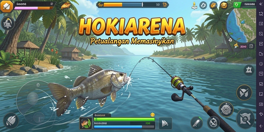 Tampilan gameplay HOKIARENA dengan aktivitas memancing yang seru.
