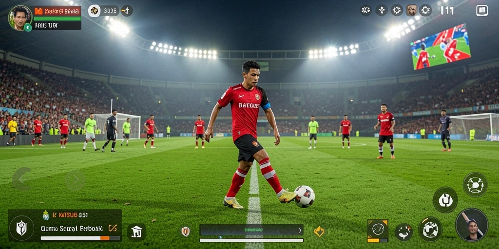 Screenshot gameplay KATSU5 menampilkan aksi sepak bola yang mendebarkan.