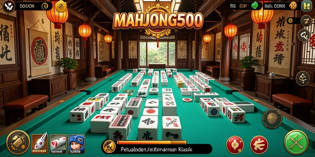 Screenshot gameplay MAHJONG500 menunjukkan kecocokan ubin yang menarik.