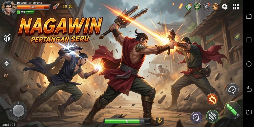 Screenshot NAGAWIN menampilkan pertarungan seru dengan grafis memukau.