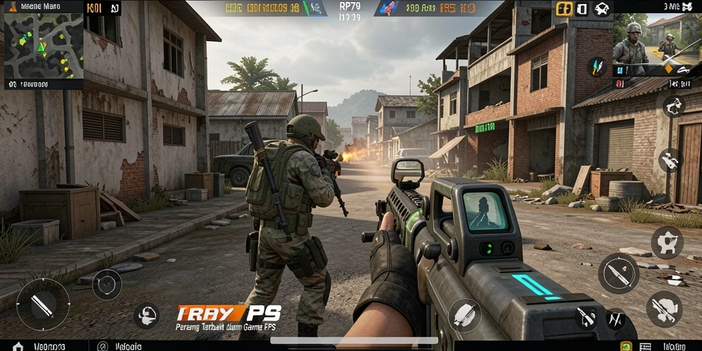 Screenshot utama RP79 menampilkan aksi menembak yang mendebarkan di lapangan perang.